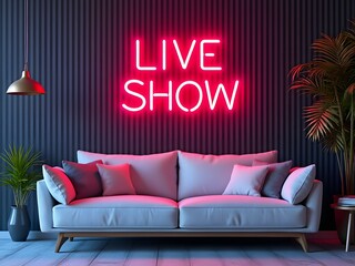 Modern live streaming setup with neon sign, cozy sofa, and plants, perfect for content creators, YouTube or podcast background. Contemporary streaming studio with glowing LIVE SHOW sign