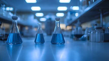 Three Erlenmeyer flasks containing a vibrant blue liquid sit on a clean laboratory table in a modern research facility.