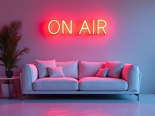Modern live streaming setup with neon sign, minimalist sofa, gray wall, cozy podcasting background, neon ON AIR decor, professional streaming ambiance, content creation space  