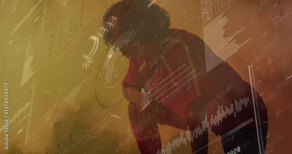Poster data graphs and charts overlay with person silhouette on yellow background animation