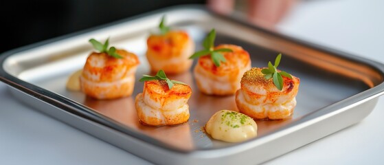Rectangular silver tray with six small appetizers on it. the appetizers are arranged in a row and appear to be made of shrimp or scallops.