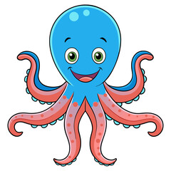Cute cartoon octopus with big eyes and a smiling expression, colorful and playful underwater animal illustration, perfect for kids' designs, educational material, and fun ocean-themed projects