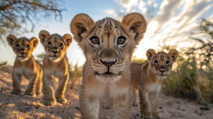 Obraz premium Charming Lion Cubs Gaze with Curiosity in Natural Habitat