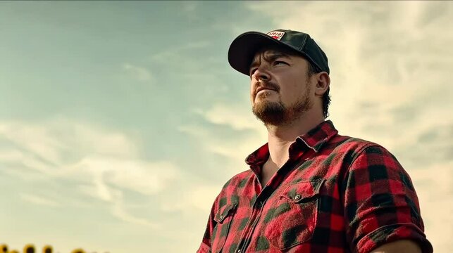 Man in a cap and plaid shirt standing in a sunflower field under a dramatic sky.