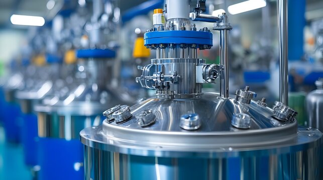 A stainless steel bioreactor with valves and gauges in a modern pharmaceutical manufactu facility is shown in detail.