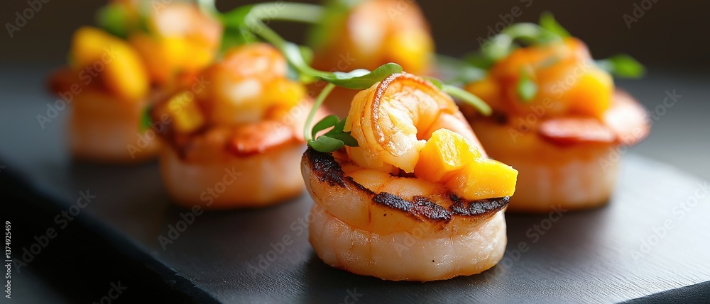 Poster black rectangular plate with four small appetizers on it. the appetizers are made of scallops, which