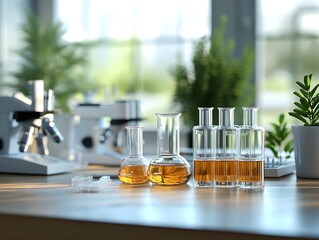 A modern laboratory features amber liquids in glass beakers and flasks on a wooden table near microscopes and plants.