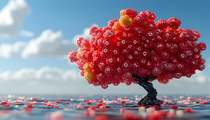 Abstract Pixelated Red Tree Reflecting on Water Under Blue Sky with Clouds 3D Rendered Scene