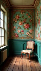 Old-fashioned room with vintage wallpaper and wooden floor, classic design inspiration, vintage, interior