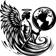 sketch vector illustration silhouette design icon logo symbol monochrome black white holy angel wide winged guardian of the earth  
