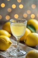 Refreshing Limoncello in Glass Surrounded by Fresh Lemons and Bokeh