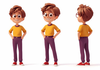 Cheerful Cartoon Boy With Glasses In T Shirt and Trousers Posing in Front Side and Profile View Isolated on White Background