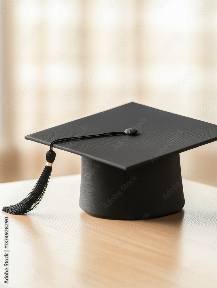 Poster black graduation cap with a tassel on top. the cap is square in shape and has a flat base. it is pla