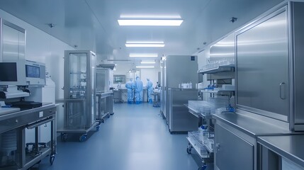 A sterile and modern pharmaceutical laboratory features scientists in protective suits conducting precise research and development work.