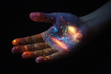 Hand of God holding a galaxy, symbolic spiritual image of creation and divine power
