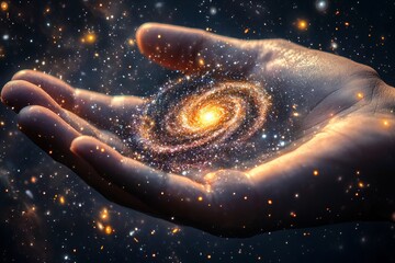 Hand of God holding a galaxy, symbolic spiritual image of creation and divine power
