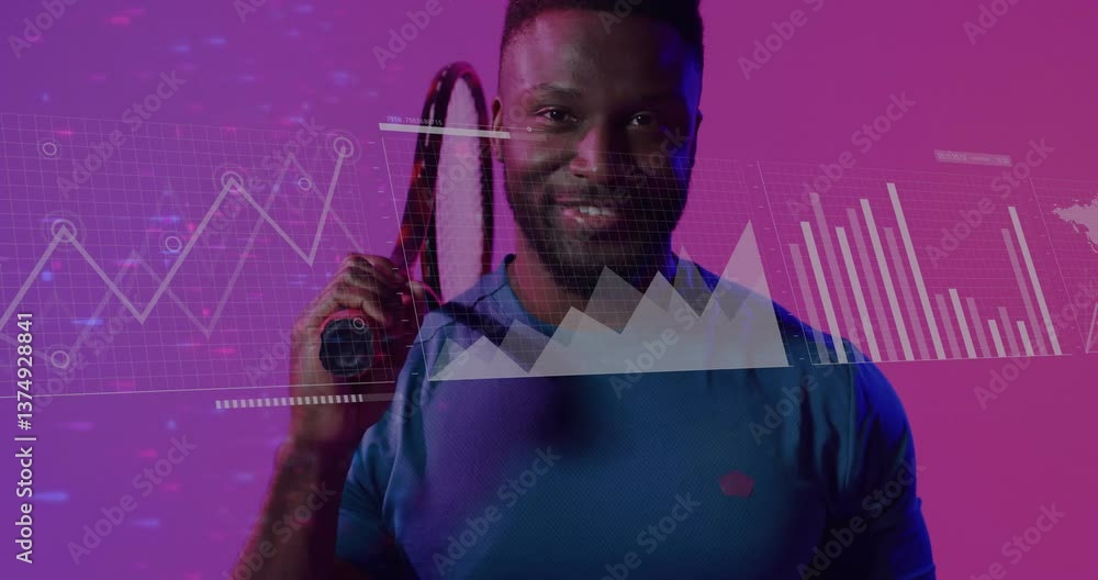 Poster holding tennis racket, man with data graphs overlayed in animation background