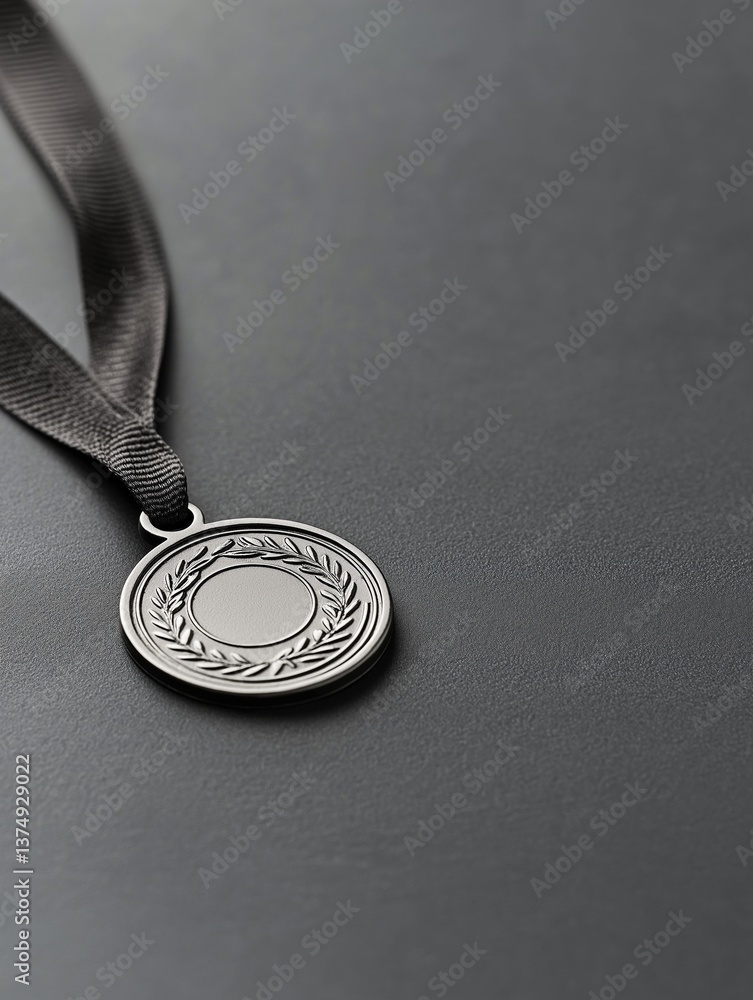 Poster close-up of a silver medal with a black ribbon attached to it. the medal is circular in shape and ha