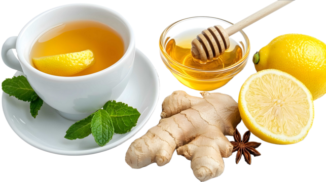 A topdown view of a cozy tea setup on a light textured background A white ceramic cup filled with golden herbal tea is placed on a matching saucer garnished w