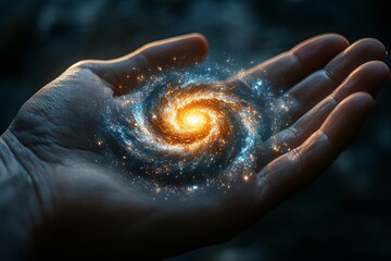 Human hand holding glowing galaxy, conceptual illustration of space and imagination
