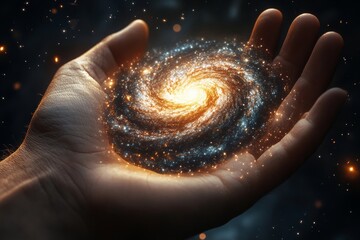 Human hand holding glowing galaxy, conceptual illustration of space and imagination
