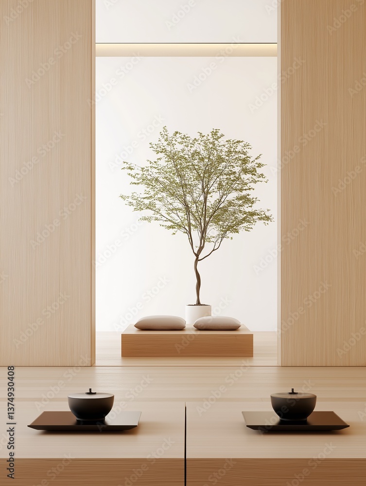 Poster modern and minimalist interior design with a large window in the background. the window has a white 