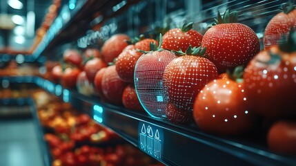 Fresh strawberries on supermarket shelf with futuristic digital overlay showcasing innovative technology for inventory and quality control.