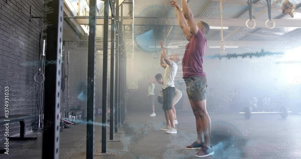 Aufkleber people exercising in gym with digital data processing animation overlay
