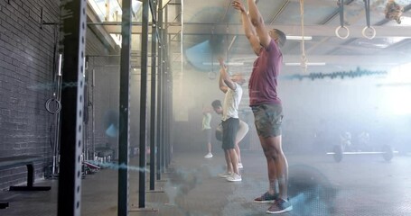 People exercising in gym with digital data processing animation overlay - Powered by Adobe