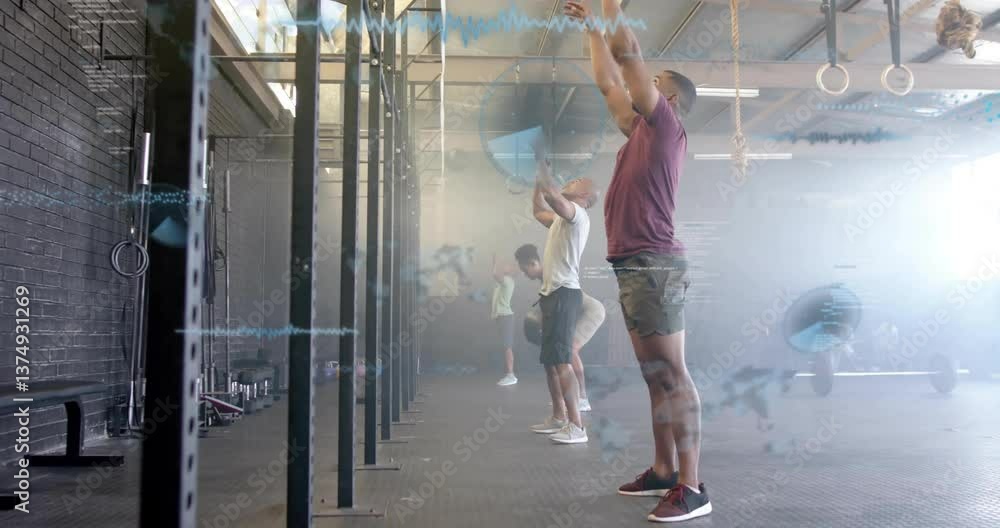 Aufkleber people exercising in gym with digital data and graphs overlay animation