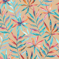 Watercolor colorful tropical pattern with exotic abstract leaves. Artistic seamless print.