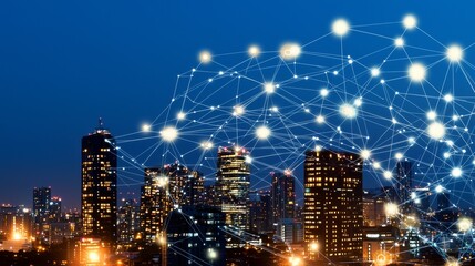 Fototapeta premium Modern City Skyline at Night with Digital Connections Representing Upskilling and IoT Implementation