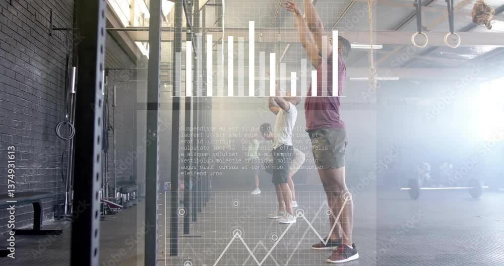Aufkleber in gym, exercising with animation of data analytics overlay showing graphs