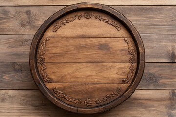 A beautifully crafted wooden serving tray with intricate carvings, set against a rustic wooden background, perfect for home decor or dining.