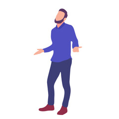 Man in contemplation, arms open, dressed in casual attire