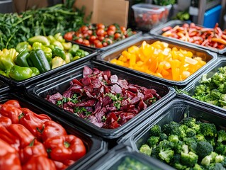 Fresh vibrant colorful vegetables displayed in black containers at a farmers market showcasing healthy eating options for nutritious meals.