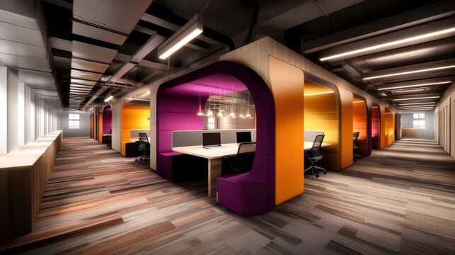 A vibrant, modern office space featuring colorful cubicles designed for collaboration and productivity, ideal for depicting contemporary work environments or discussing workspace innovation,