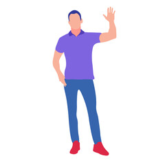 Man in purple polo shirt and blue jeans waving