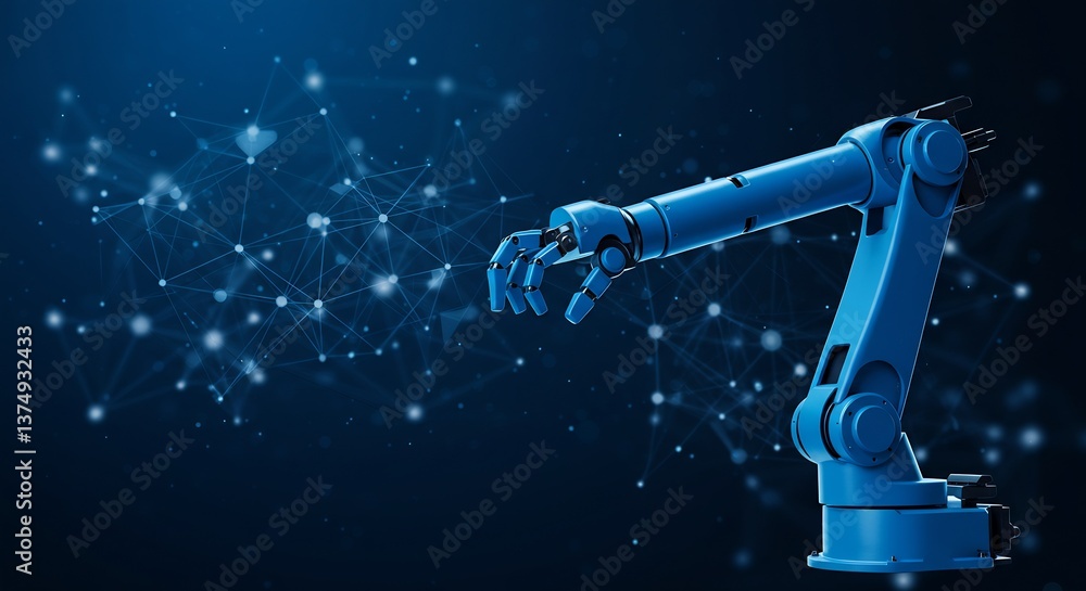 Poster futuristic blue robotic arm interacting with a network of connections, representing advanced automat