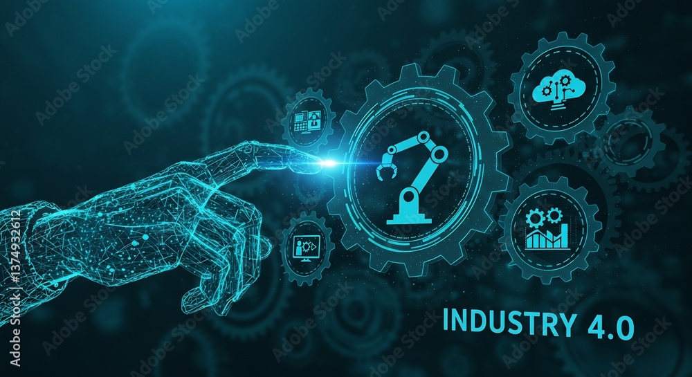 Poster futuristic industry 4.0 concept: digital hand interacting with smart factory automation gears and ne
