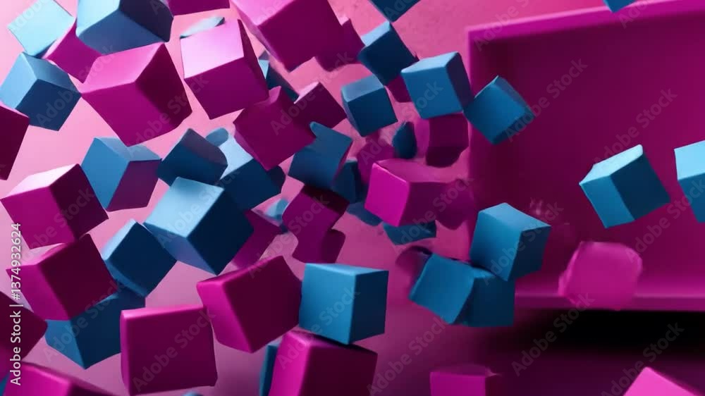 Poster colorful 3d cubes floating in vibrant pink and blue background create dynamic and playful atmosphere