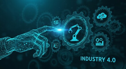 Futuristic Industry 4.0 Concept: Digital Hand Interacting with Smart Factory Automation Gears and Networked Cloud Technology