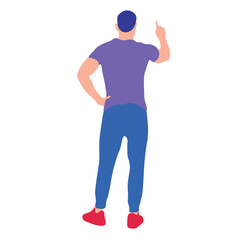 Man pointing upward, back view, casual attire