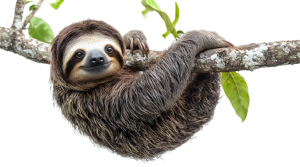 Adorable sloth hanging on a tree branch in the jungle isolated on transparent background png