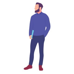 Man standing, looking off to the side, holding a light-colored item