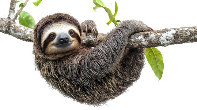 Adorable sloth hanging on a tree branch in the jungle isolated on transparent background png