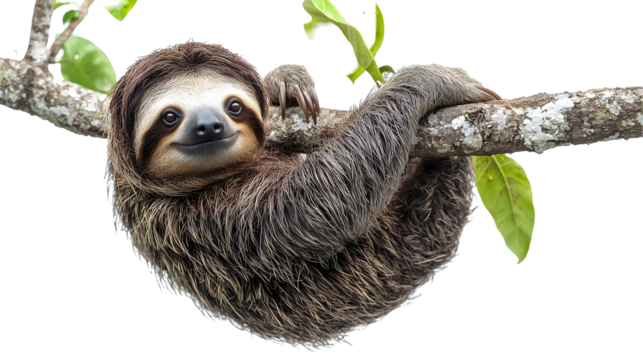 Adorable sloth hanging on a tree branch in the jungle isolated on transparent background png