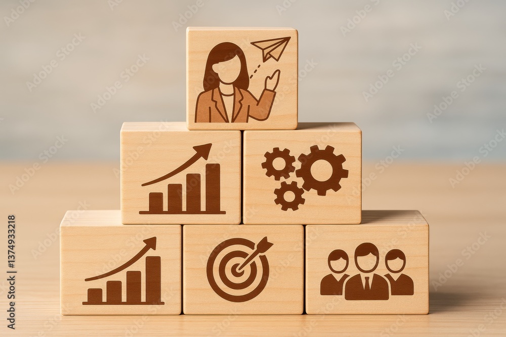 Poster building a vision: stacked wooden blocks feature business icons in a pyramid formation, emphasizing 