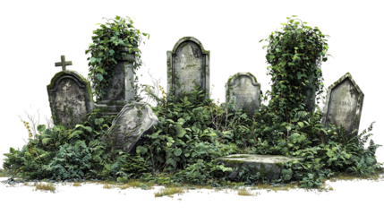 Graveyard tombstones overgrown with vines and vegetation isolated on transparent background png