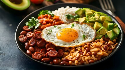 Fototapeta premium Delicious plate of rice, beans, egg, avocado, and sausage, a colorful and satisfying meal perfect for a hearty appetite. 